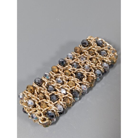 Gold Tone Chain Bracelet Faceted Gray Gold Glass Beads Evening  7 in - Picture 2 of 5